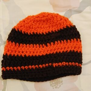 Vibrant Orange and Black Striped Crochet Beanie